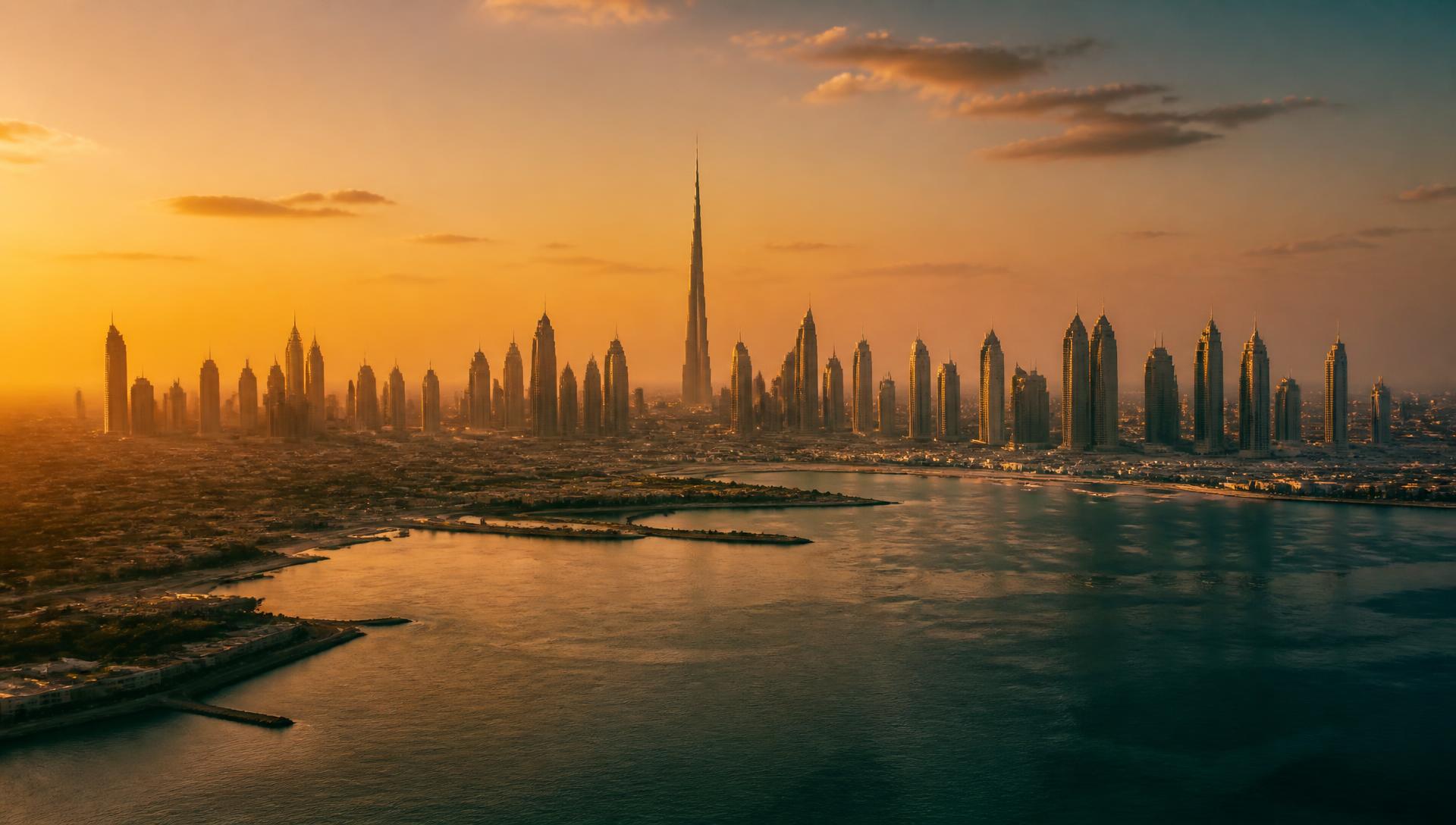 Skyline von Dubai in der Abenddämmerung